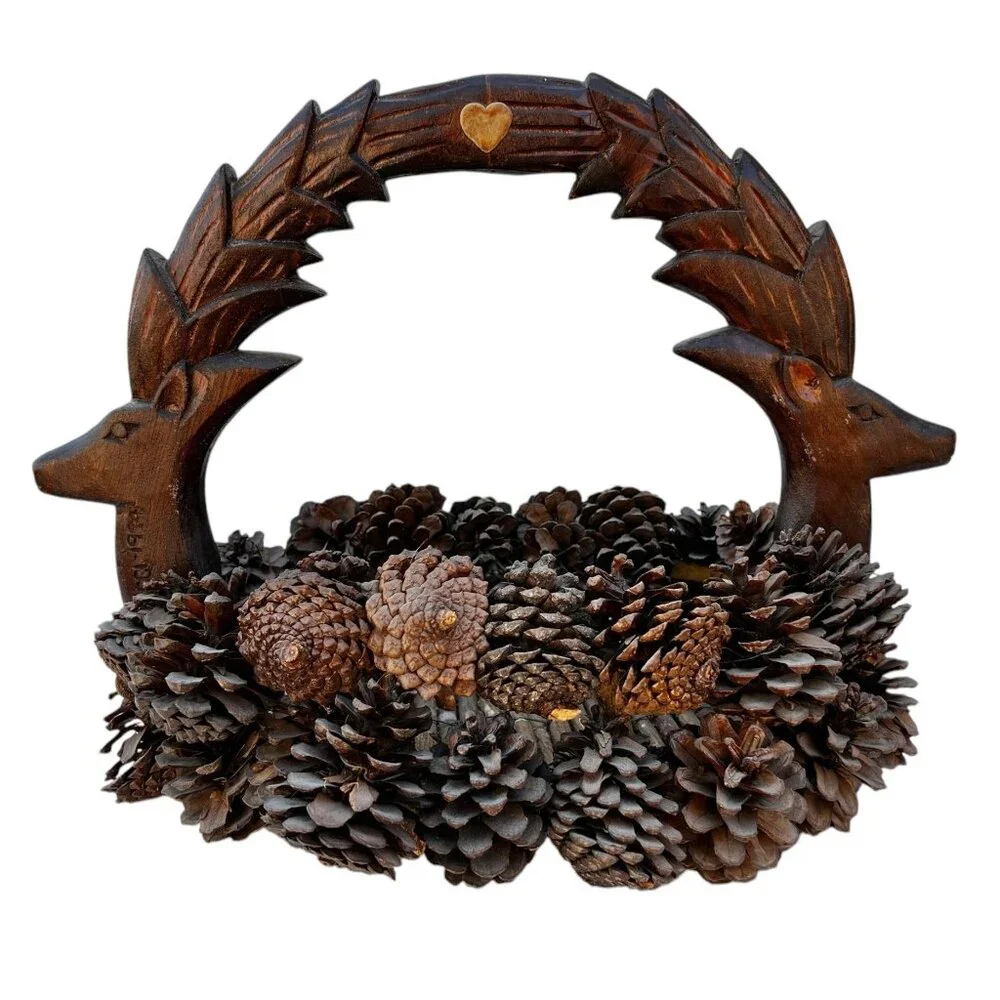Pinecone Basket with Hand-Carved Wooden Deer Handle Dated 1994